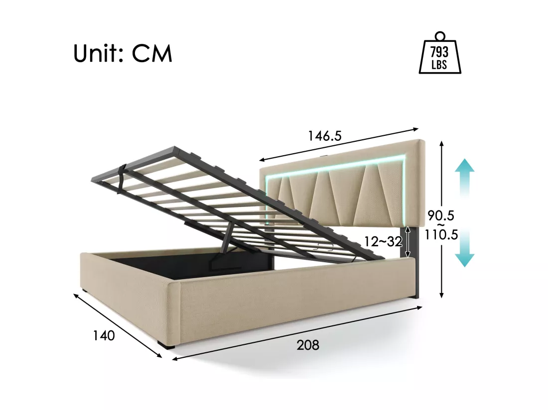 Lit coffre 140 x 200 cm pour adulte - USB + Type C + LEDs - tissu lin - beige