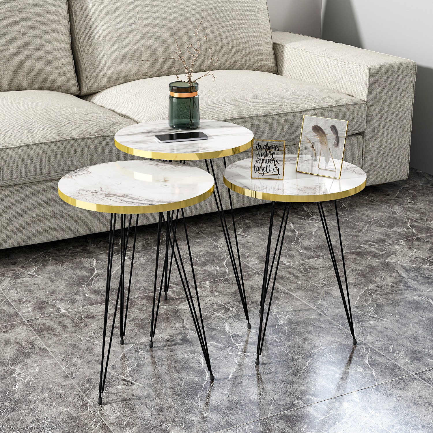 Beistelltisch 3er Set Marmoroptik Weiß 21276214