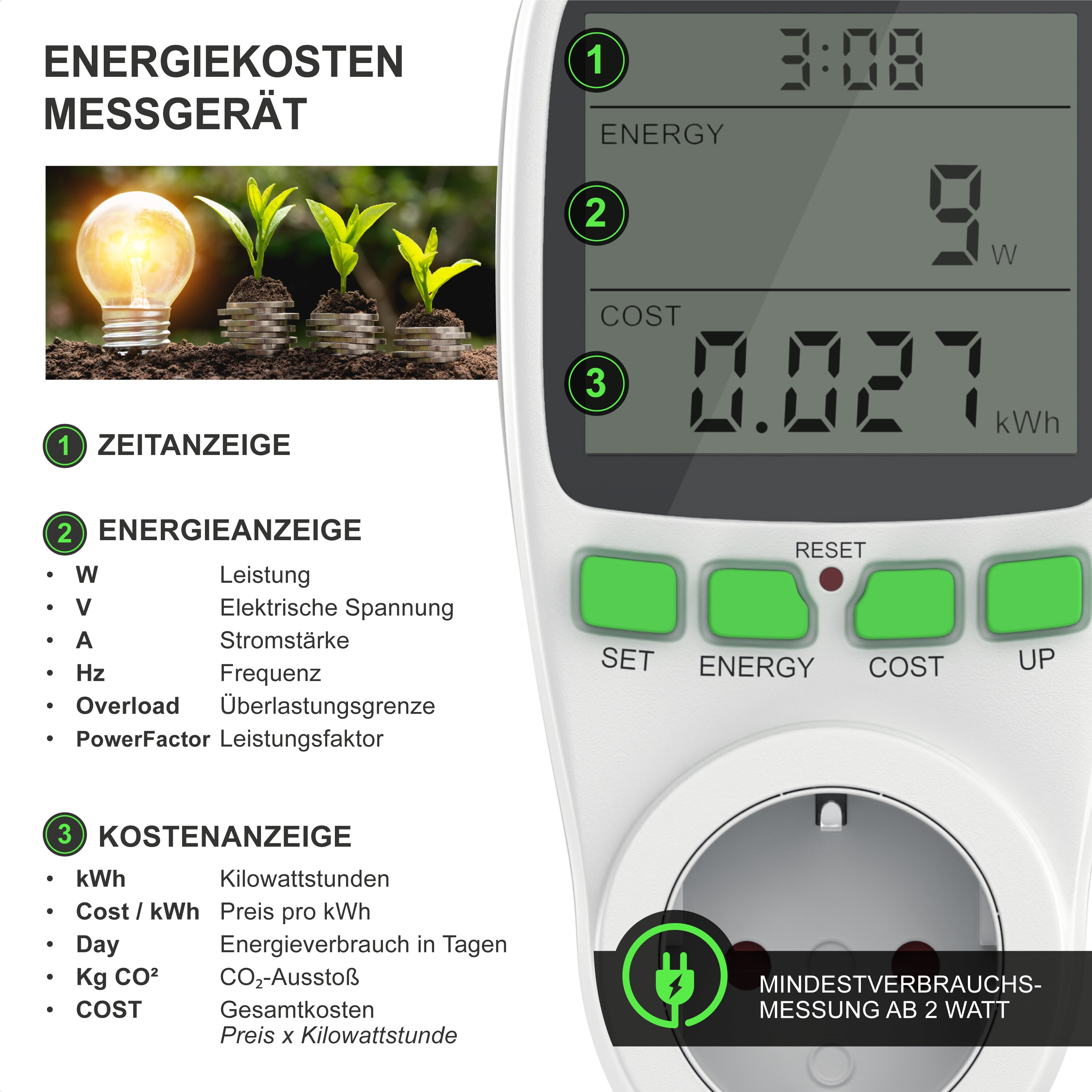 Arendo Stromkostenmessgerät zur effektiven Kostenüberwachung Energiekostenmessgerät