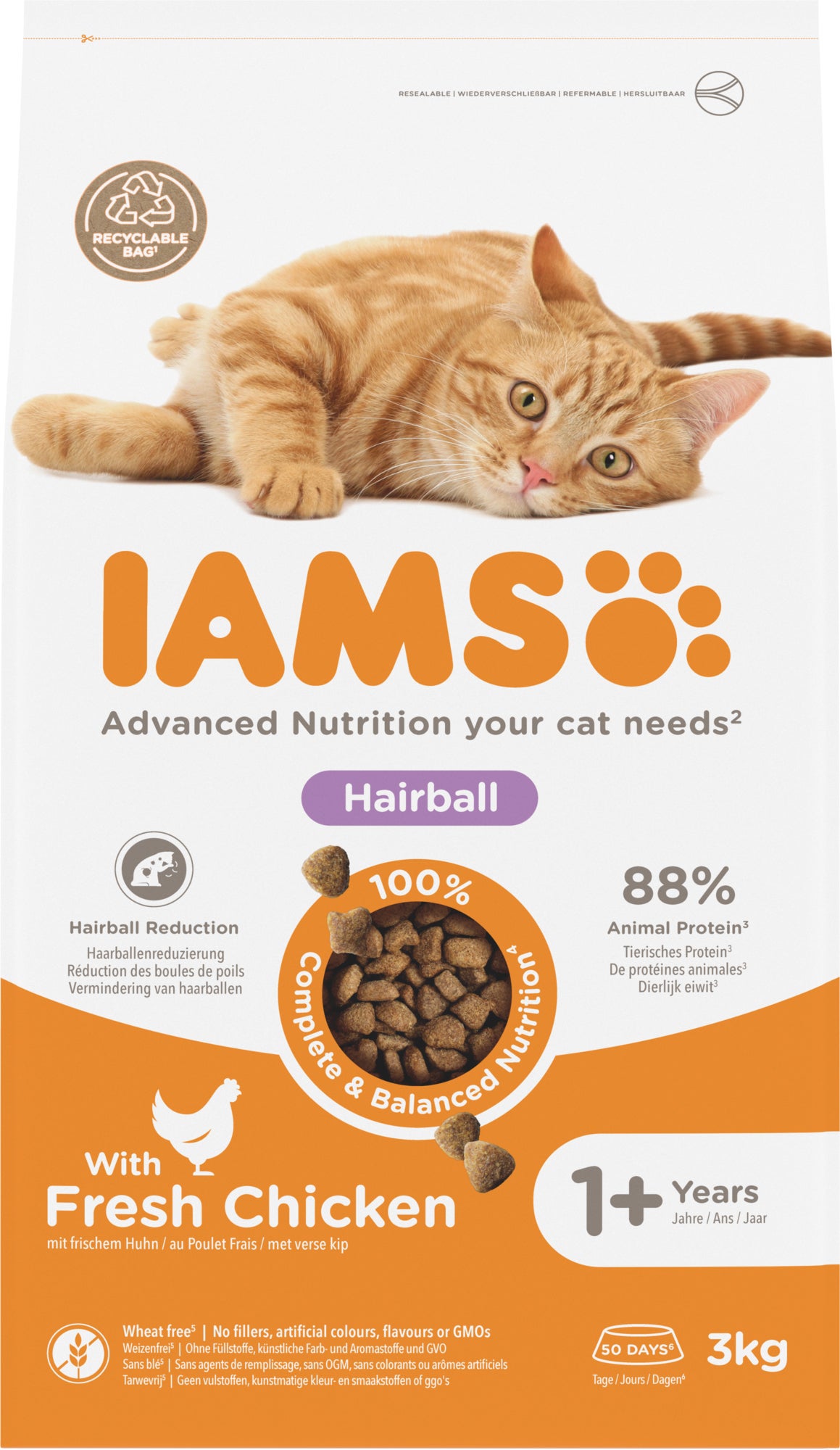 Iams kattenvoer haarballen kip adult 3 kg