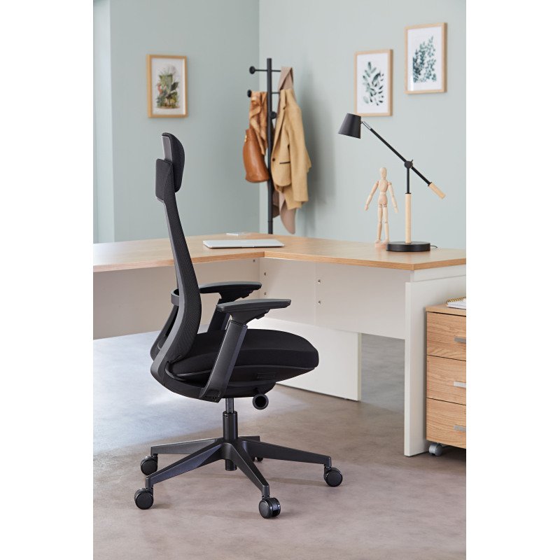 Chaise de bureau MARCUS tissu et maille - avec accoudoirs, appui-tête, réglage profondeur d'assise et soutien lombaire - Mécanisme Synchrone - Pieds noir