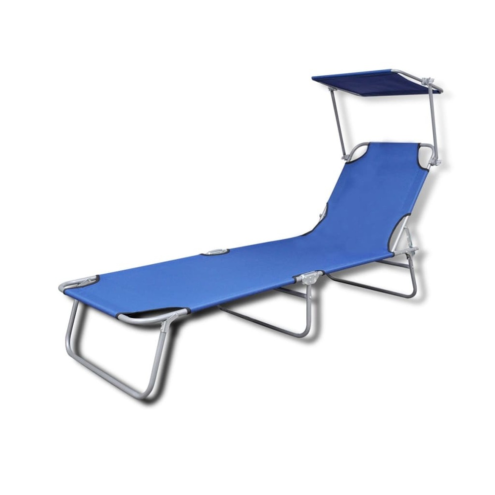 Transat chaise longue bain de soleil lit de jardin terrasse meuble d'extérieur pliable avec auvent acier et tissu bleu 02_001