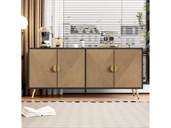 Buffet à quatre portes avec poignées en or brossé et pieds brillants Design symétrique Noir