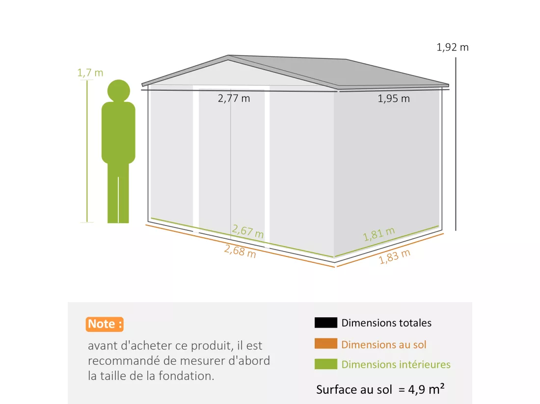 Abri de jardin 5,4 m² - cabanon double porte coulissante - fondation incluse - 277 x 195 x 192 cm - tôle d'acier ondulée gris