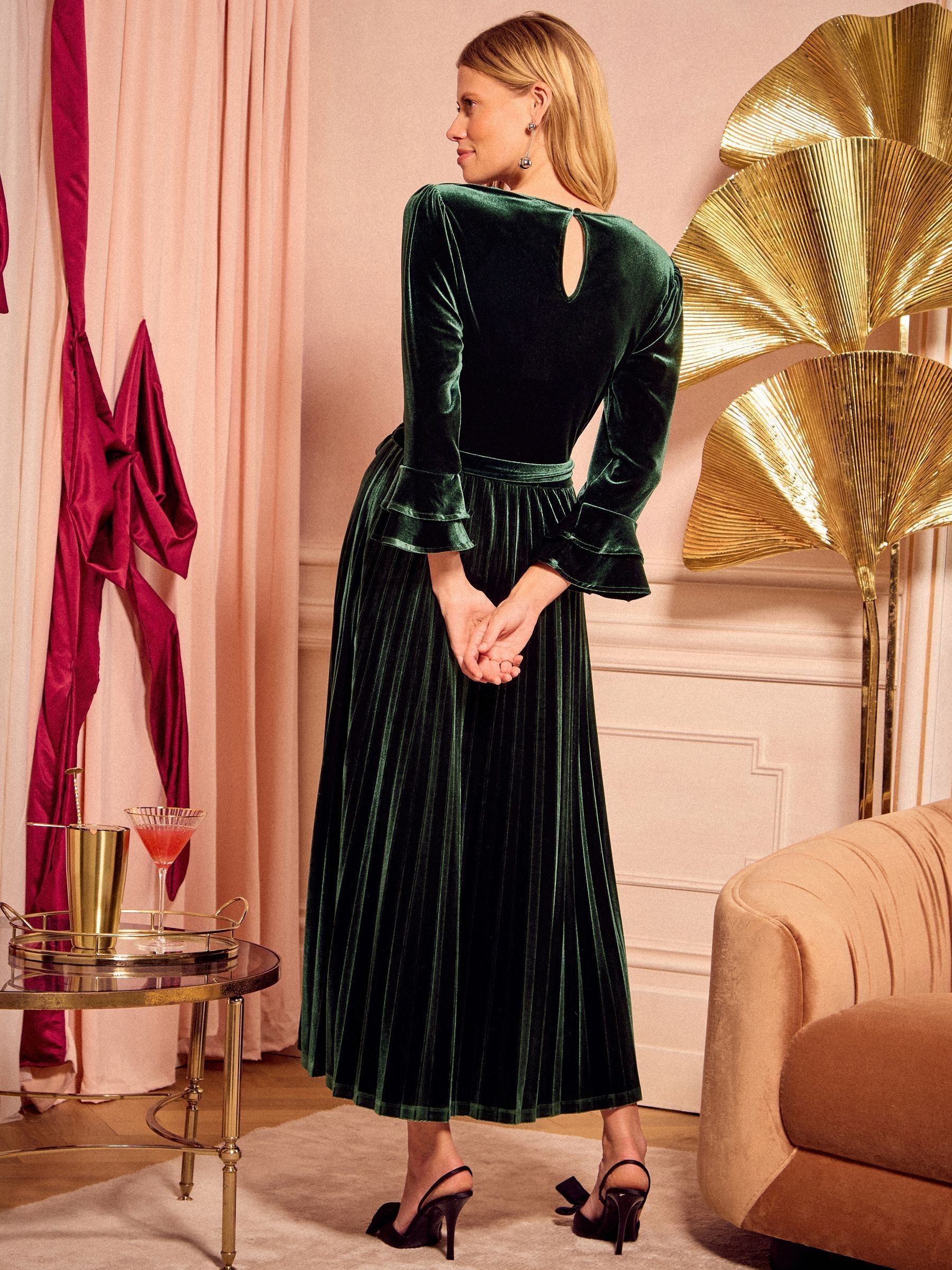 Groen - Love & Roses velvet midi-jurk met uitlopende mouwen