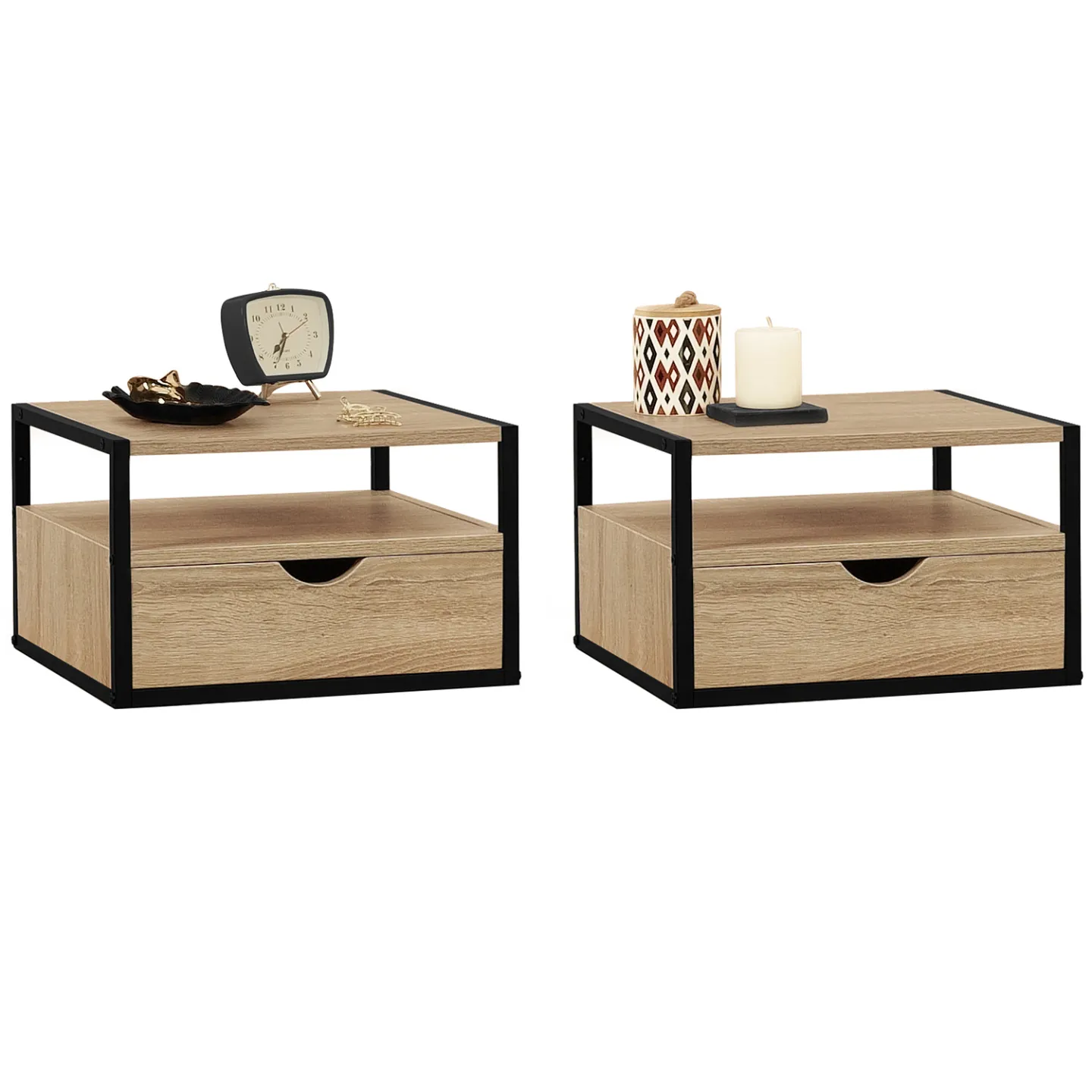 Lot de 2 tables de chevet murales DETROIT 1 tiroir + 1 tablette suspendus bois et métal noir design industriel