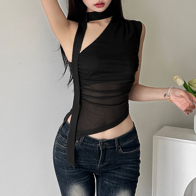 Bulgaris - Tanktop met één schouder, sjaalkraag, effen, doorschijnend, asymmetrische zoom en slim-fit pasvorm