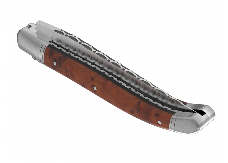 Couteau Laguiole prestige avec un manche en loupe de thuya et mitres en acier inoxydable