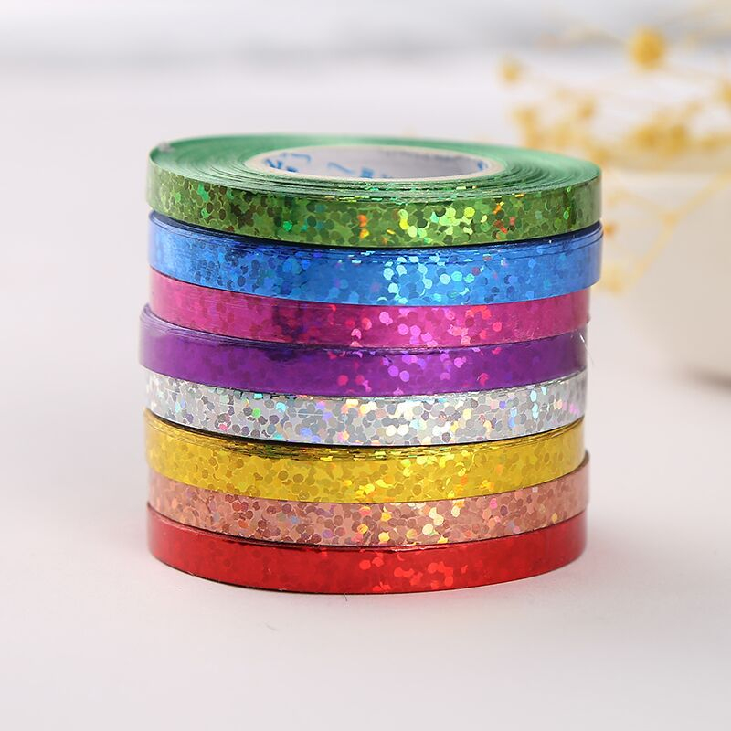 (8er Set) 5mmx10m Geschenkband Glanz Deko Polyband Hologramm - Blau / Rot / Gold / Silber / Roségold / Grün / Violett / Pink