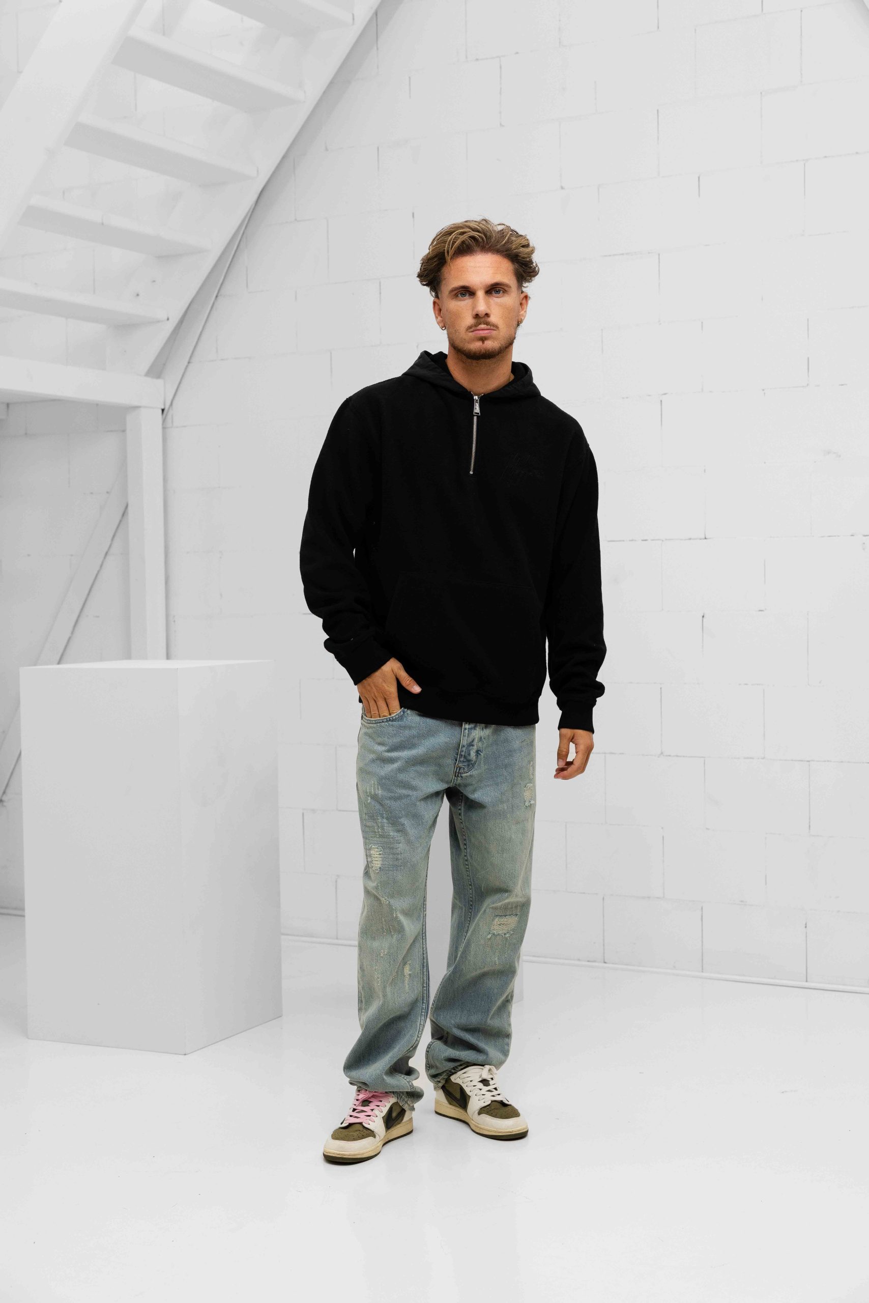 Malelions Fleece Nylon Half Zip Hoodie Heren Zwart