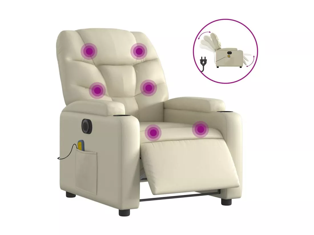 Fauteuil massant inclinable électrique crème similicuir