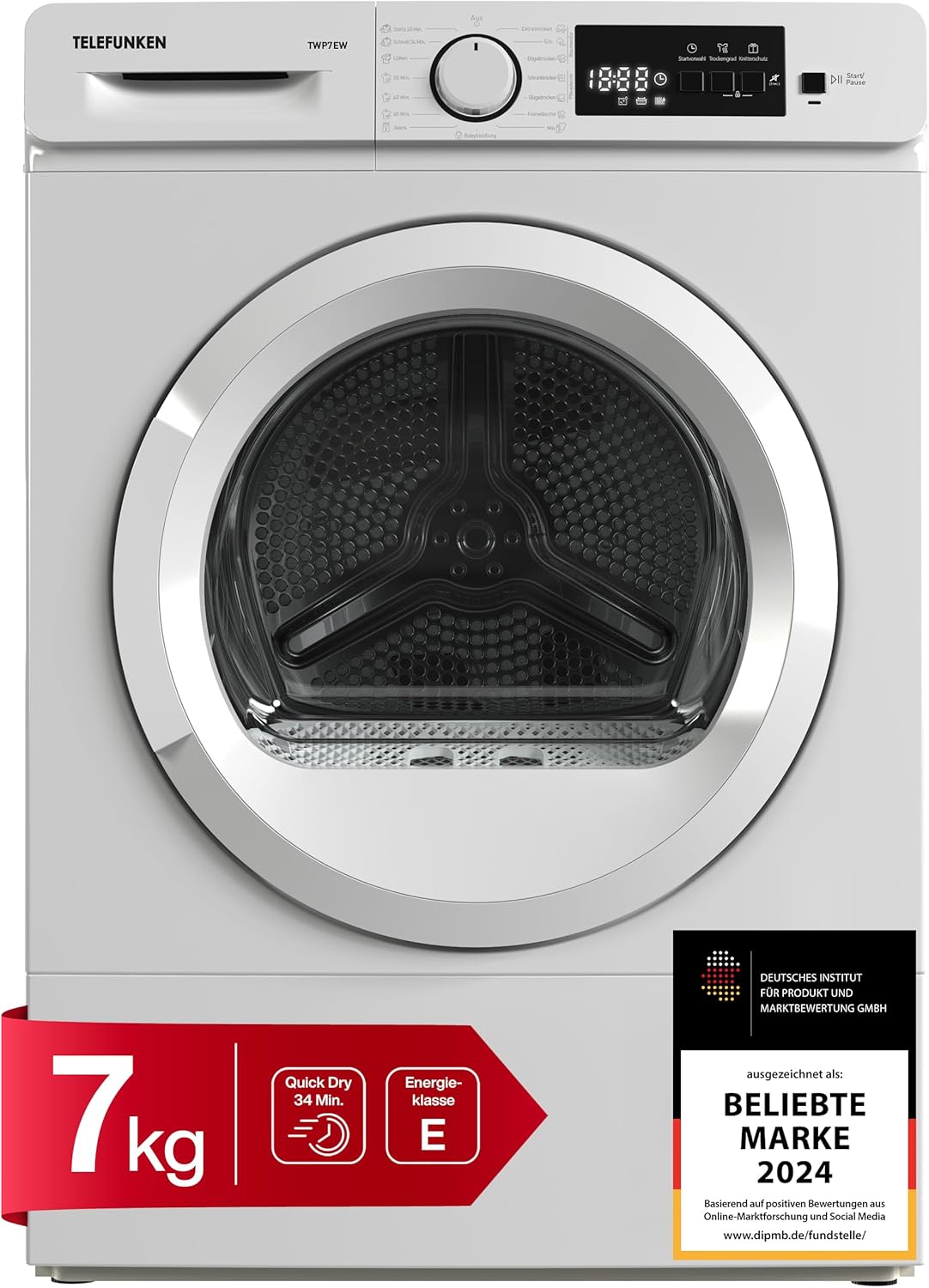 Telefunken Wärmepumpentrockner für 7 kg Wäsche, Trockner Frontlader, Wäschetrockner mit Knitterschutz und Startzeitvorwahl, Energiesparend, leise 64 dB, 15 Programme, Trommelbeleuchtung, TWP7EW