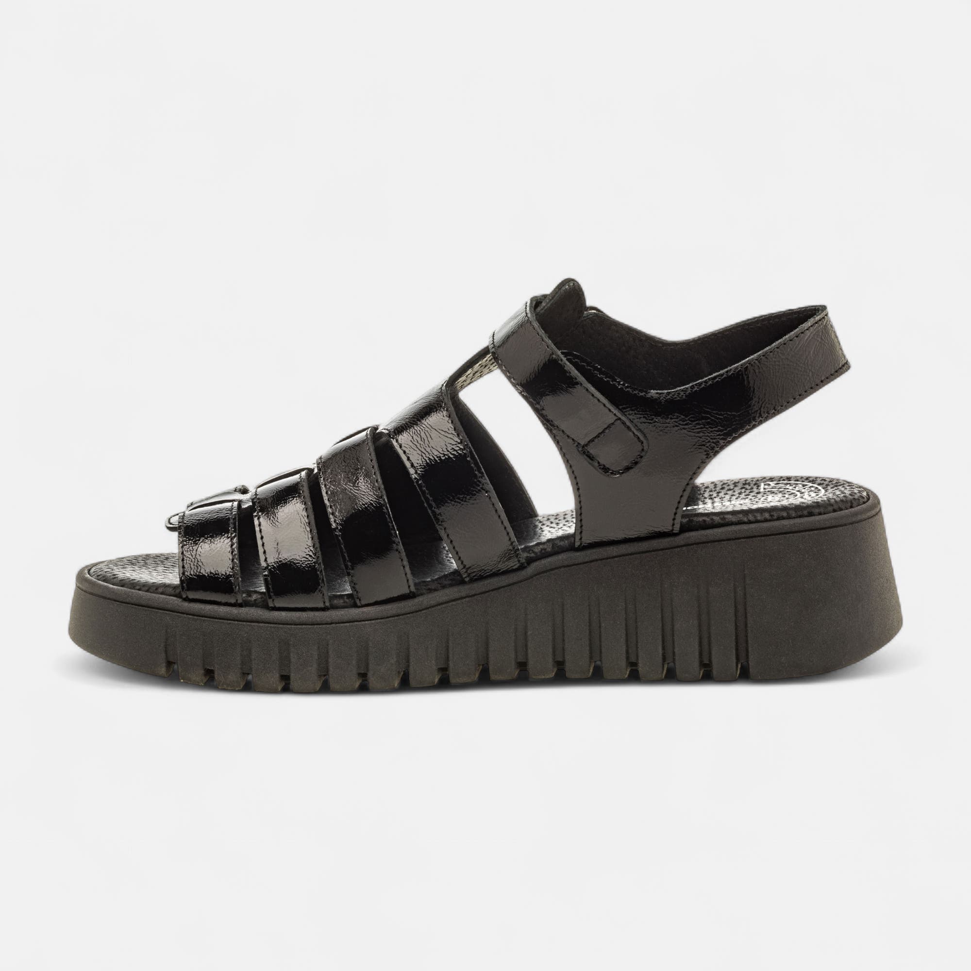 Sandales à talon compensé Femme en cuir noir vernis