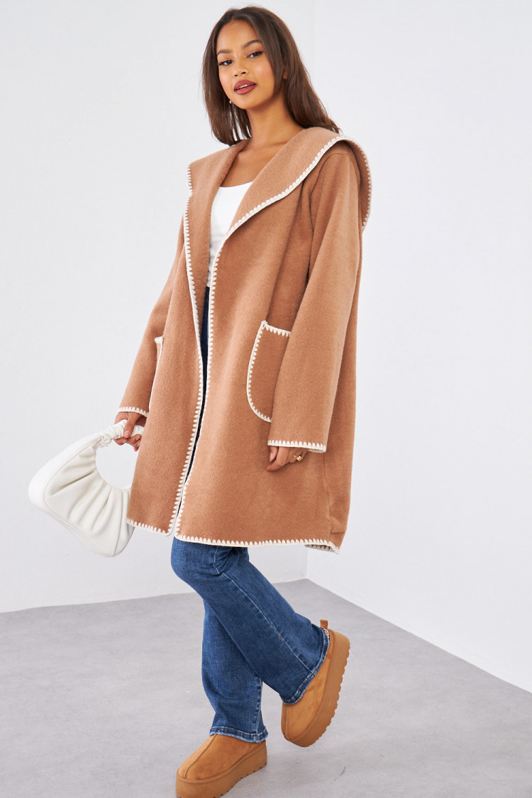 Veste longue à capuche camel texturée à couture en relief