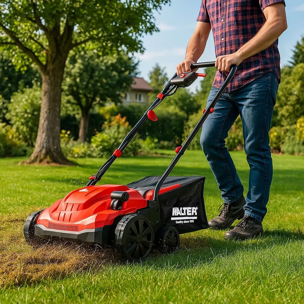 WALTER 2 in 1 Elektro Vertikutierer und Rasenlüfter 1500 W, Arbeitsbreite 320 mm, 4- stufige Höhenverstellung, großer Fangkorb, ideal für Flächen bis zu 400 m², inkl. Beutel mit Montagematerial