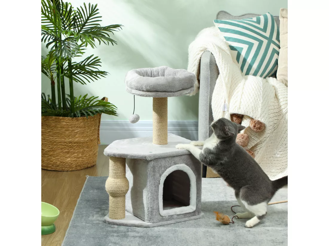 Arbre à chat H.66 cm poteaux à griffer jute lit maison chat plateforme balle de jeu gris