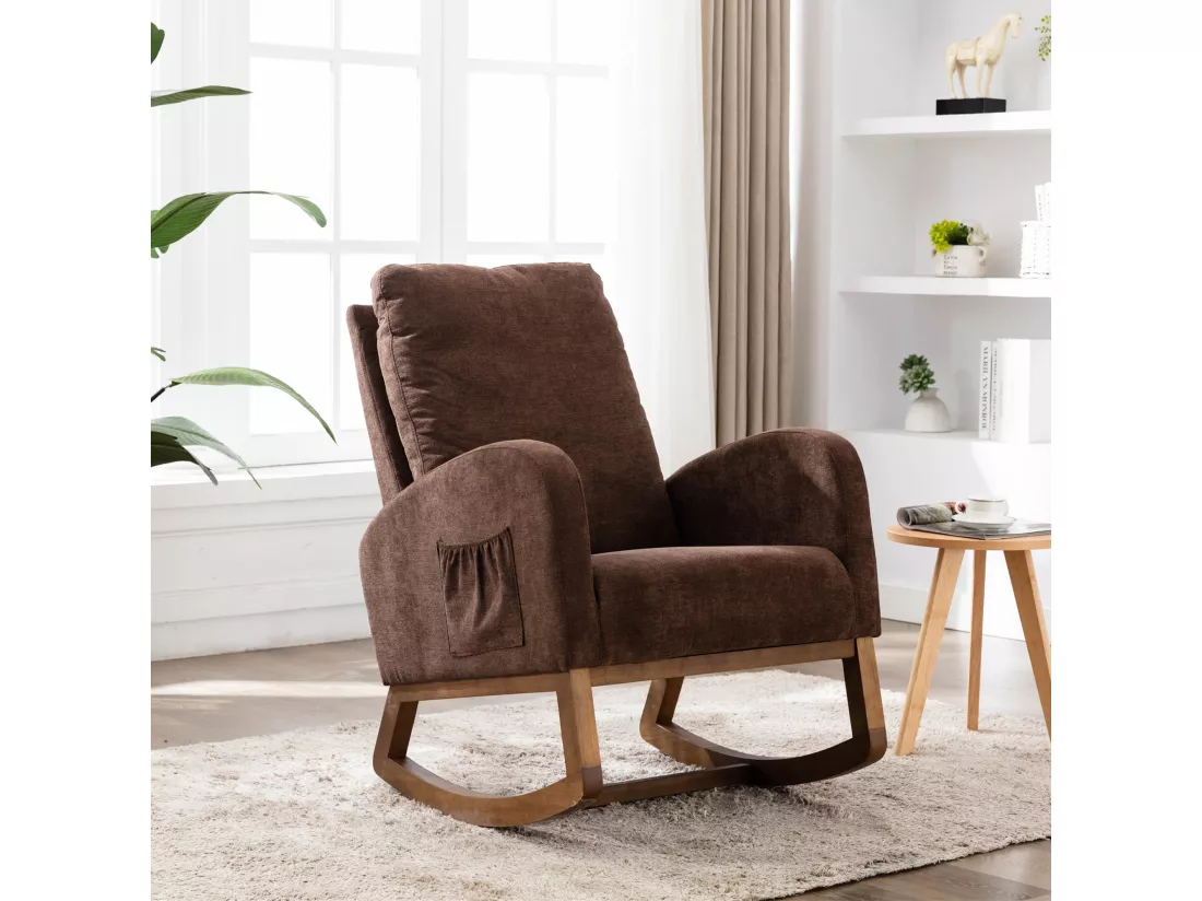 Chaise à Basculer Mid-Century avec Dossier Haut, Fauteuil Rembourré pour Chambre d'Enfant ou Salon, Chaise Berçante Ergonomique avec Poche Latérale