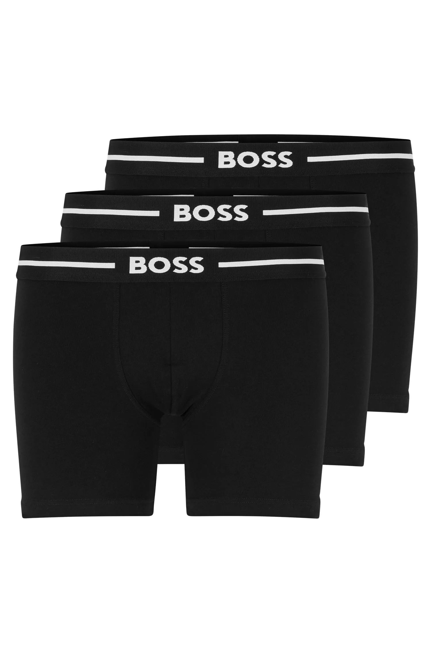BOSS - Pacote com três cuecas boxer pretas de algodão elástico com logotipos.