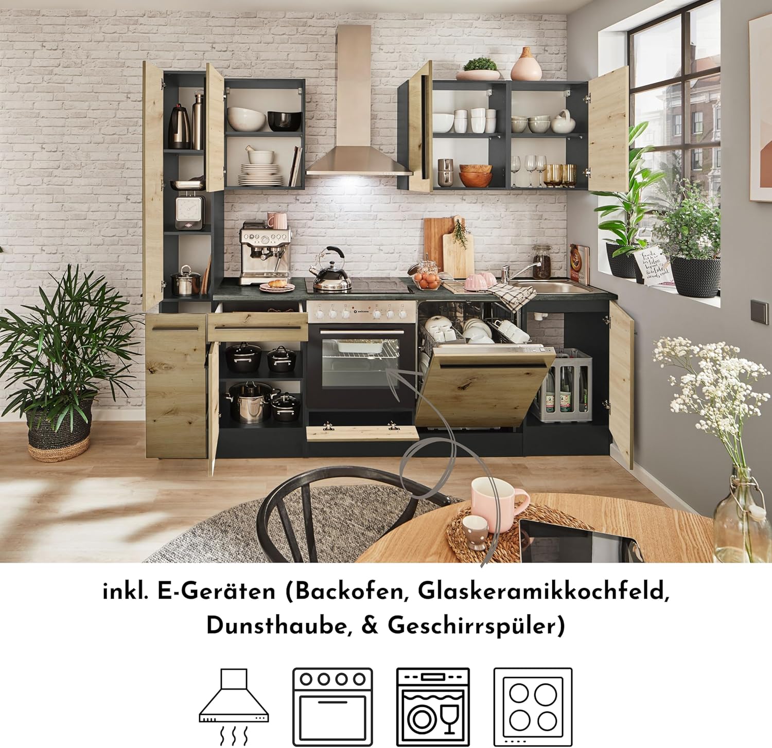 Jazz 8 Moderne Küchenzeile mit Elektrogeräten in Anthrazit, Artisan Eiche Optik - Geräumige Einbauküche mit viel Stauraum - 250 x 212 x 60 cm (B/H/T)