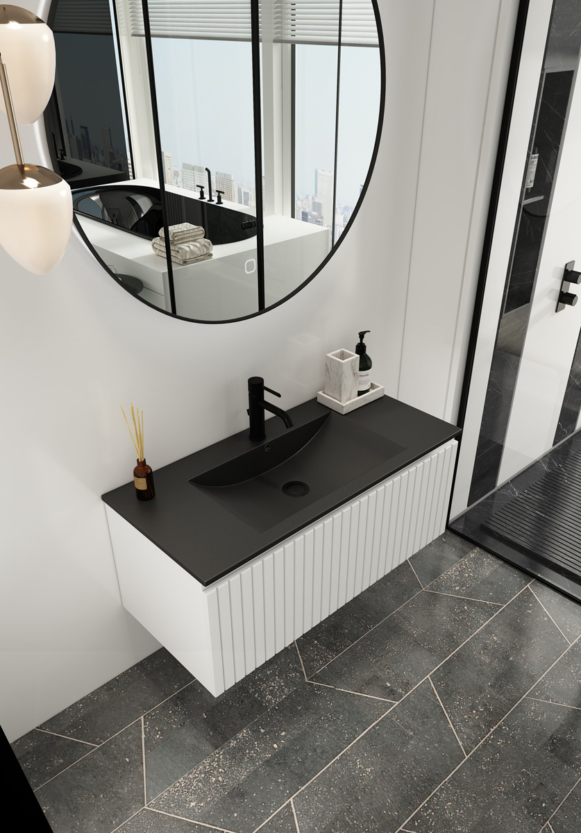 Fontana Lento wit badkamermeubel ribbelfront met zwarte wastafel 100cm 1 kraangat en ronde spiegel