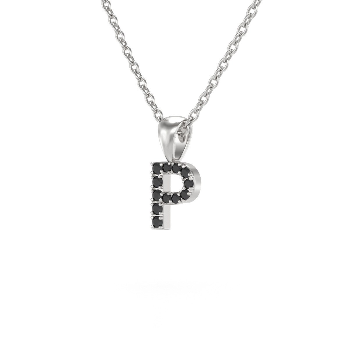Collier Pendentif ADEN Lettre P Or 750 Blanc Diamant Noir Chaine Or 750 incluse 0.72grs