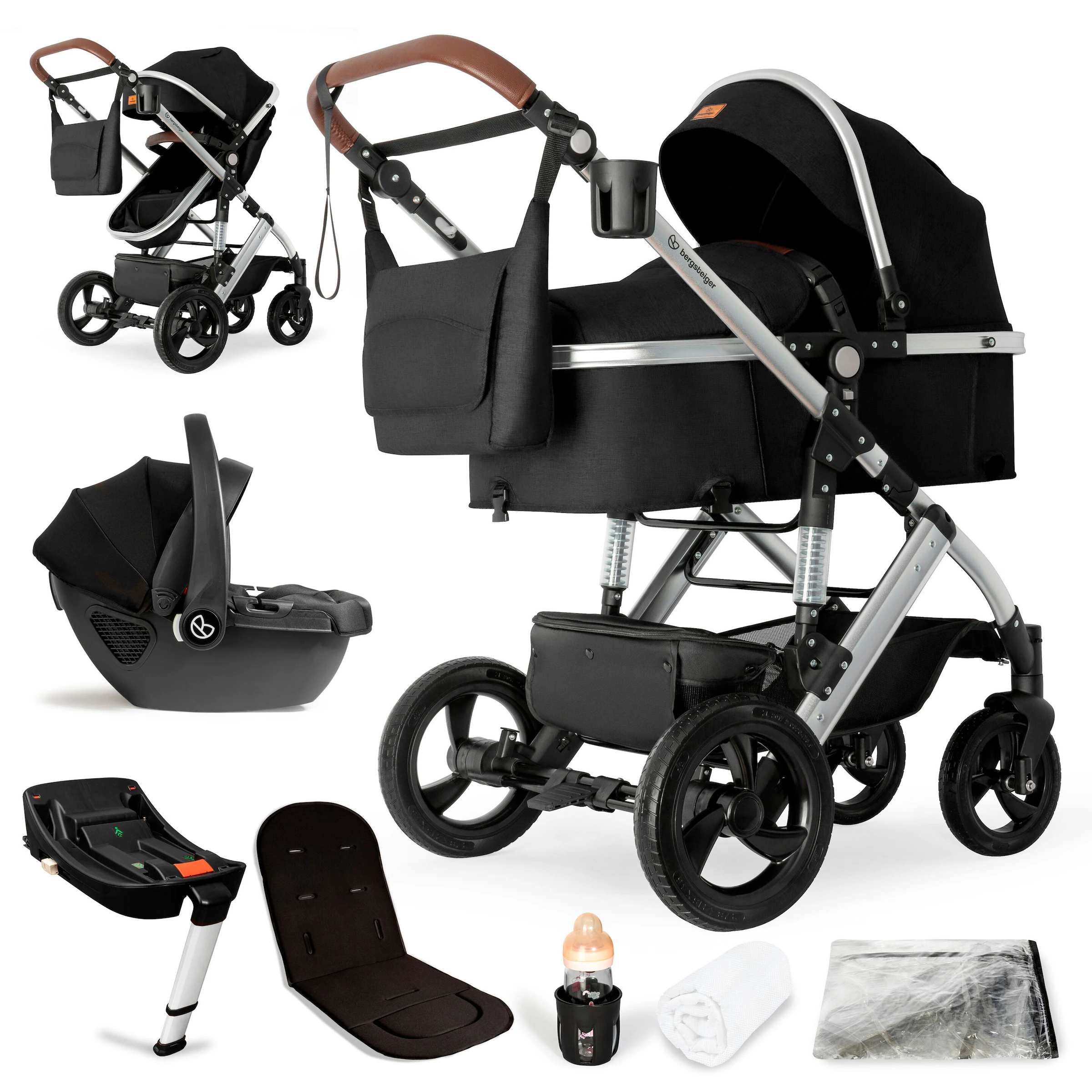 Bergsteiger Kinderwagen Nizza + Babyschale black | Gestell: silver