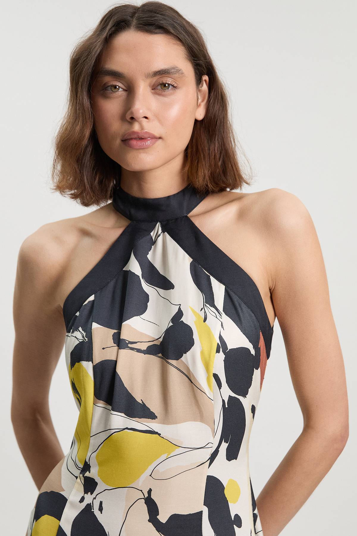 KarenMillen Robe Maxi Col Licou À Imprimé Abstrait En Lin Viscose Tissé