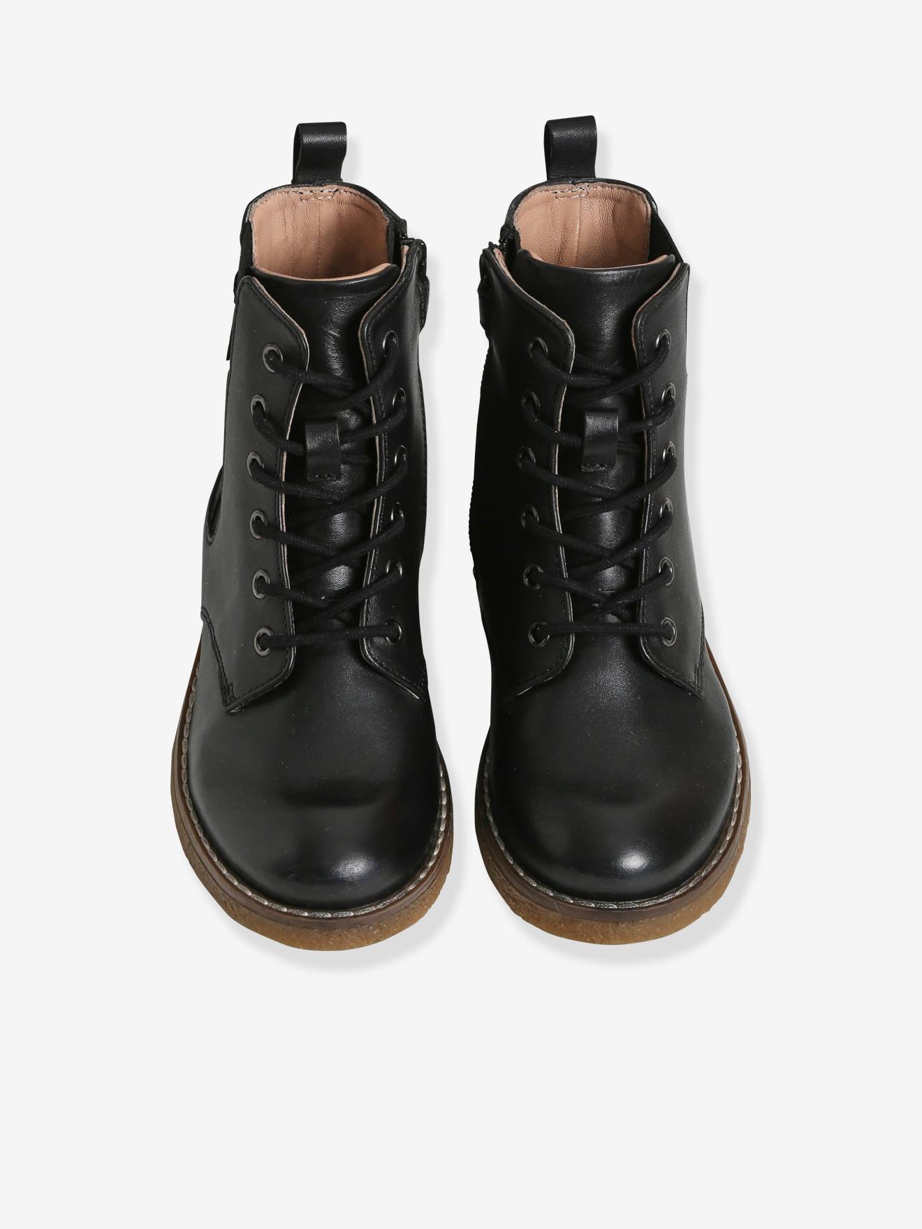 Botas de cano alto com cadarço e zíper em couro, para meninas, pretas lisas com estampas.