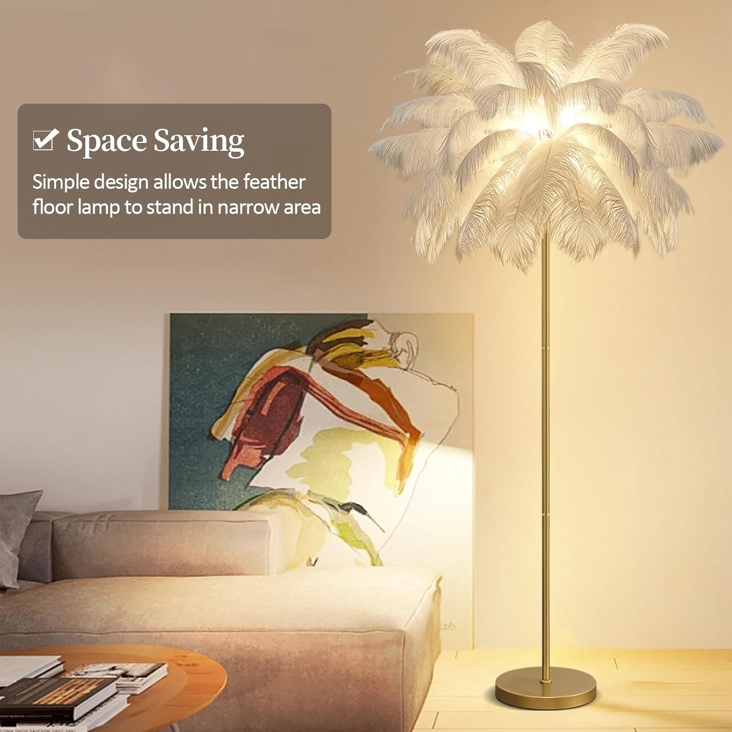 Federlampe Stehlampe Wohnzimmer, Feder Stehlampe Gold mit 3-Farbig Dimmbarem,160cm Stehlampe Federn Moderne mit Fußschalter, Kreative Studie Schlafzimmer Feder Lampe Stehleuchte (White)