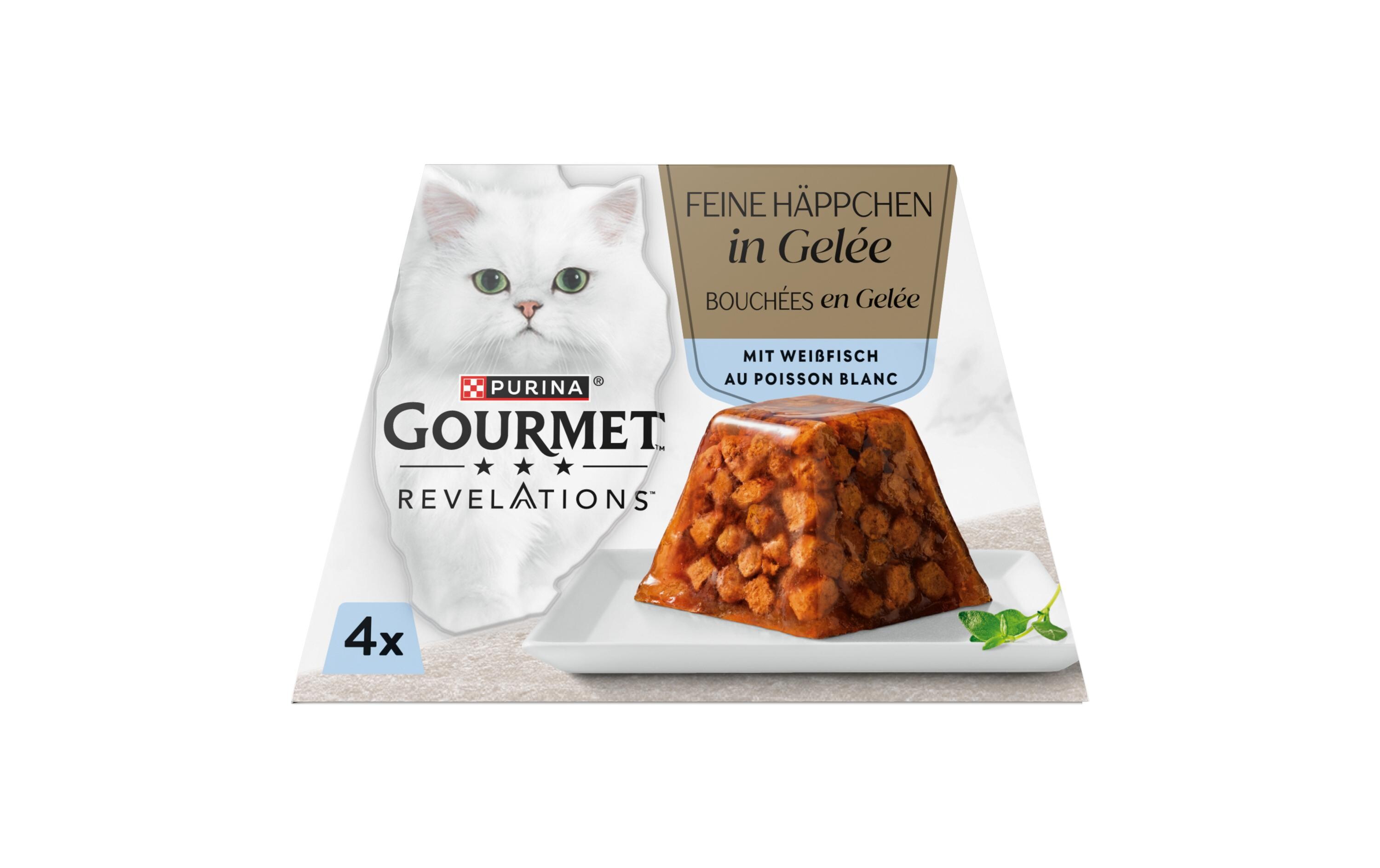 Nassfutter Feine Häppchen Gelée Weissfisch 4 x 57gAlleinfuttermittel für ausgewachsene Katzen