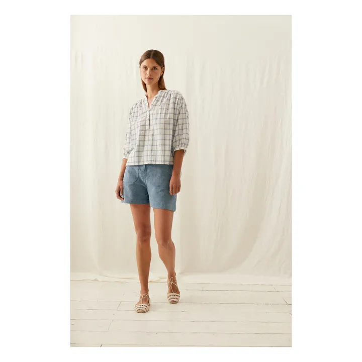 Louise Misha Blouse Jeannali Carreaux Coton Bio et Lin - Collection Femme | Bleu