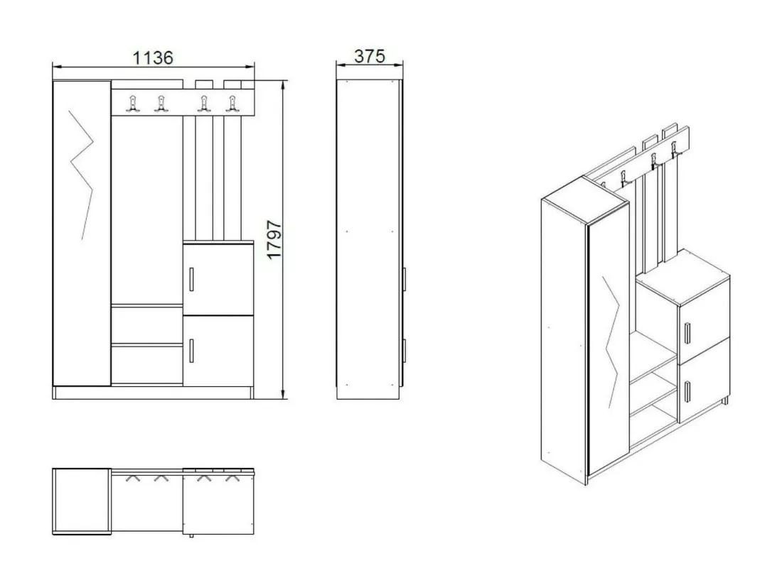 Meuble d'entrée Australis, Crochet d'entrée, Composition pour l'atrium, Console de rangement multifonction, 114x38h180 cm, Chêne et Blanc