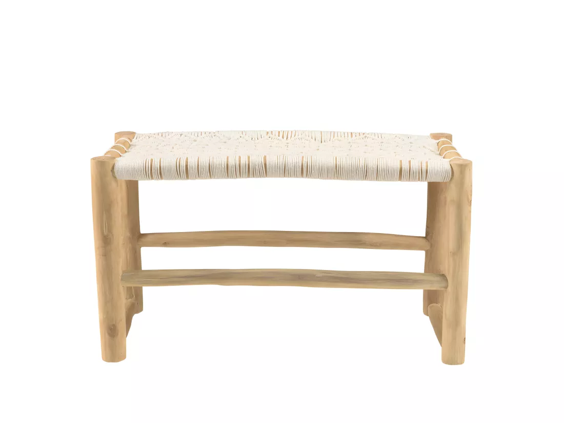 WILL - Banc en branches de teck naturel assise en macramé blanc