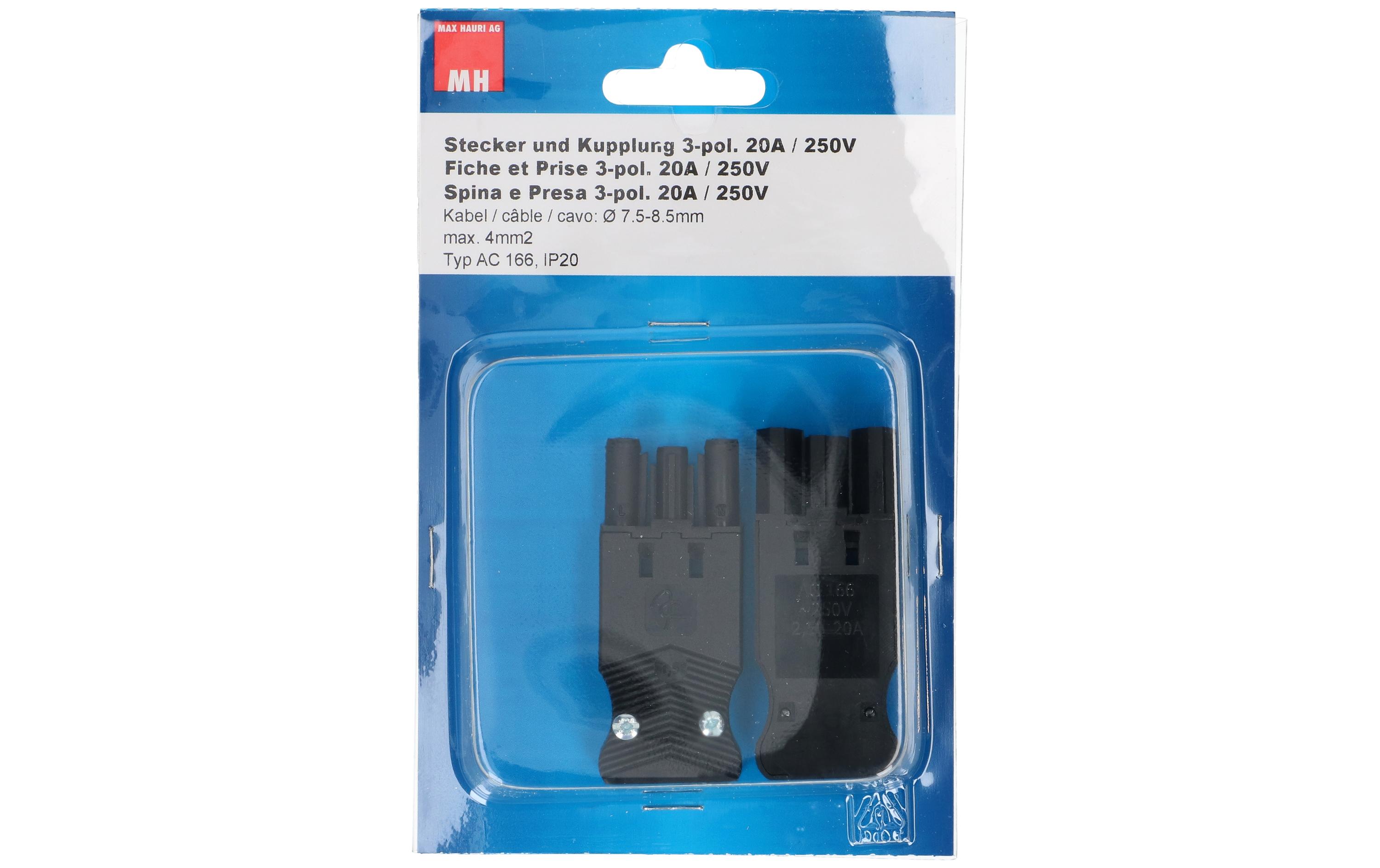 Set Stecker und Kupplung AC 166 flach, 3-poligSet aus AC 166 Stecker und AC 166 Kupplung, flach