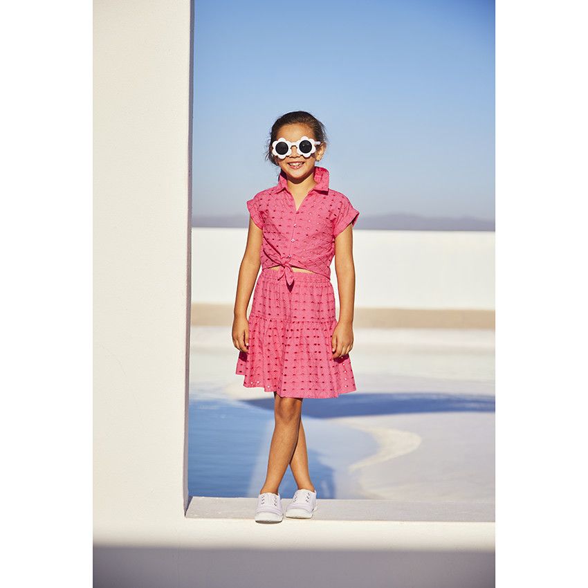 Chemise manches courtes en broderie anglaise pour fille - Fuchsia