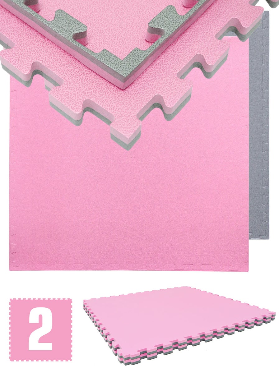 Professionele fitnessmat van 1,6 m² - set van 2, 90x90x2 cm, vloerbeschermingsmat voor fitnessapparatuur, grijs/roze