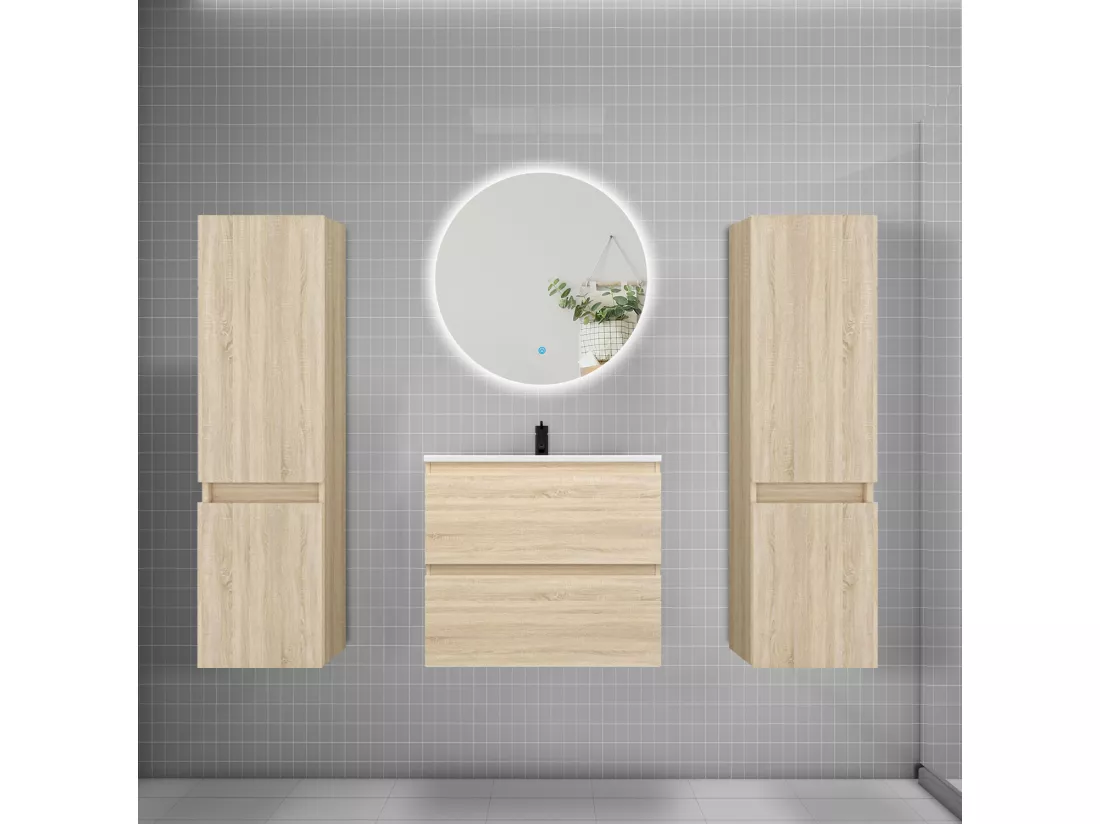Ensemble meuble vasque L.60cm 2 tiroirs + lavabo + colonne + miroir rond 60cm,chêne