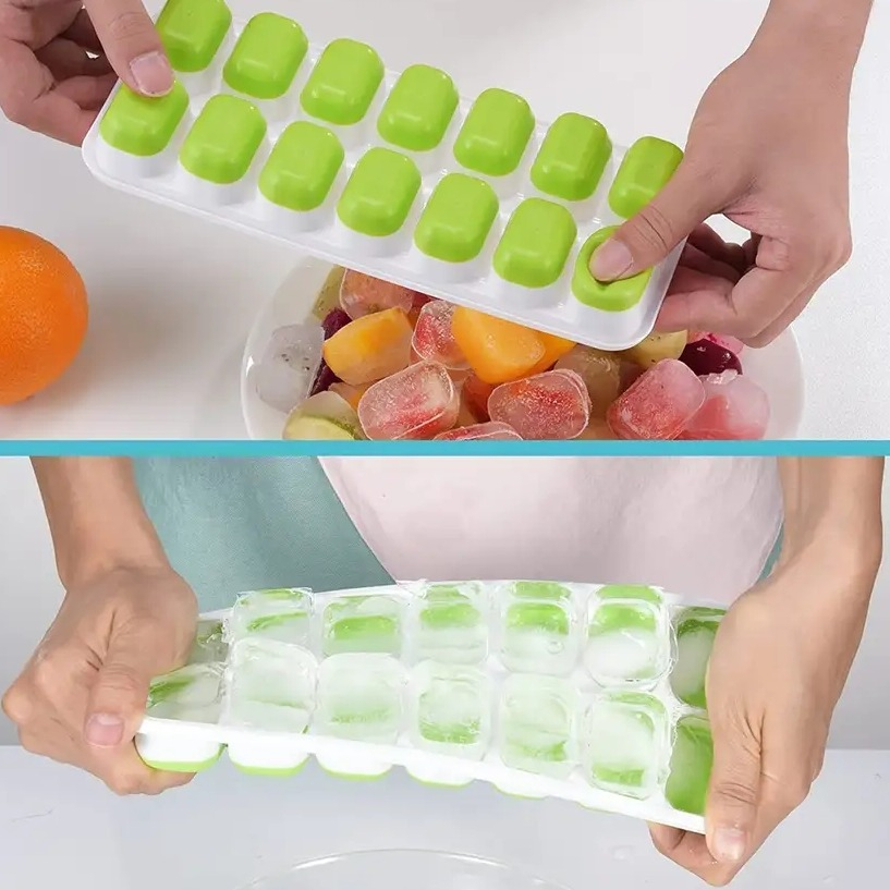 (2er Set) 14-fach Kunststoff Eiswürfel Form DIY Ice Cube Tray mit Deckel für Cocktails / Whisky / Softgetränke - Blau / Grün