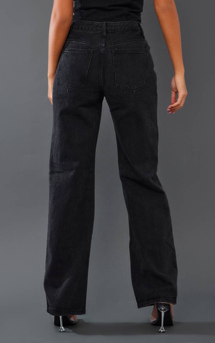 Noir Délavé Jean Droit En Denim Taille Moyenne Coupe Longue