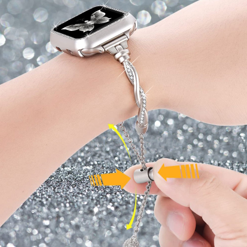 Apple Watch (49/46/45/44 mm) Edelstahl Schmuckarmband mit Glitzersteinen und Schiebeknoten-Verschluss (Gelenkumfang: 160-220mm) - Champagner