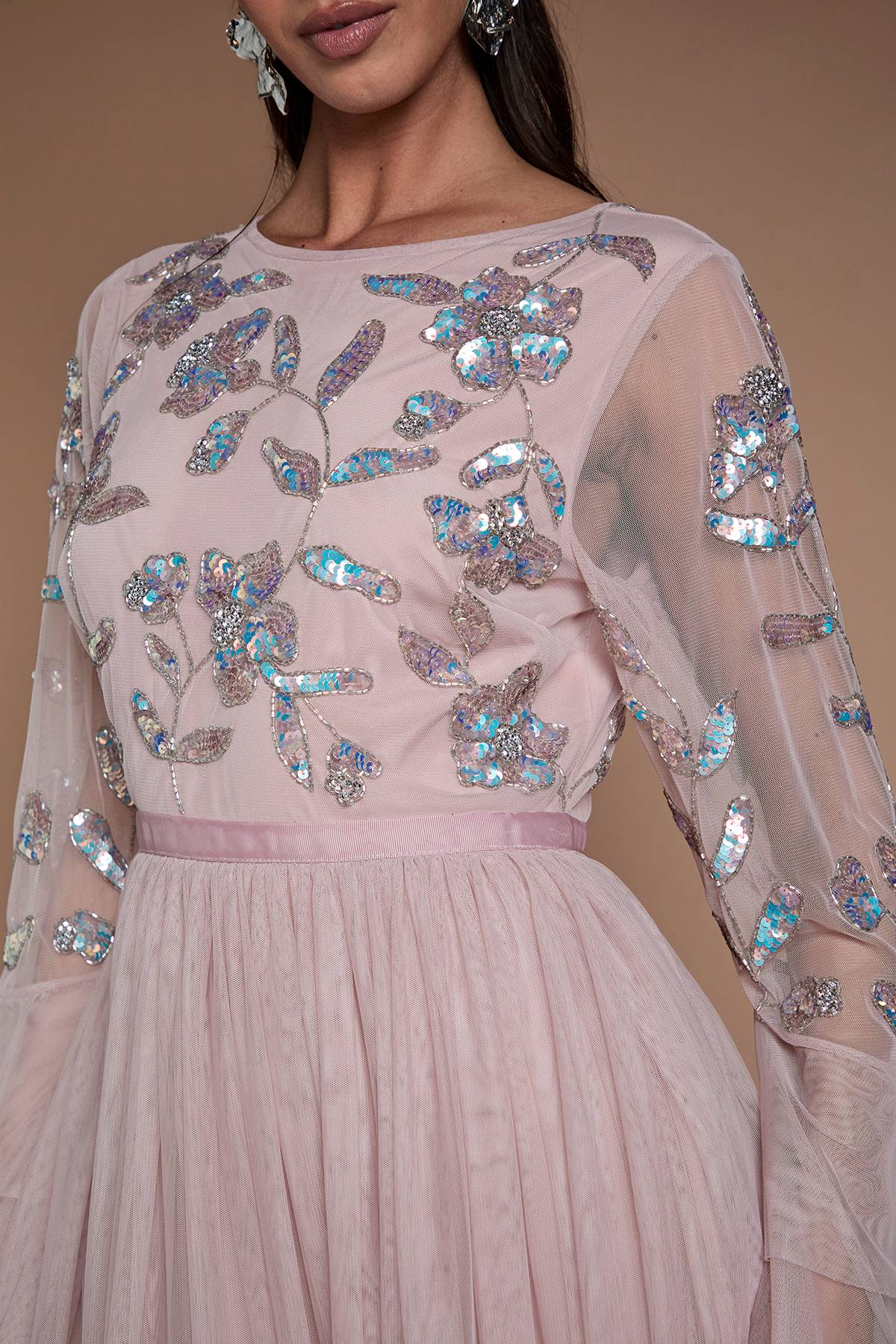 Coast Robe De Demoiselle D'honneur Longue En Tulle À Paillettes Avec Manches Longues Et Volants