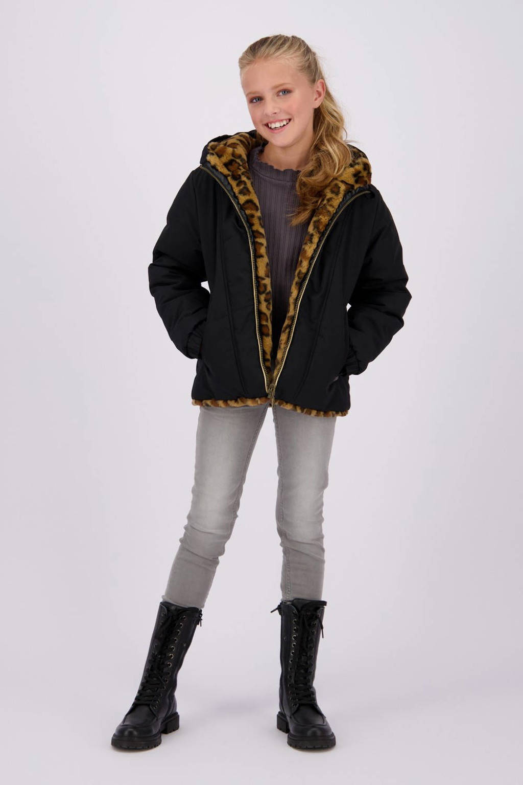 Vingino reversible gewatteerde imitatiebont winterjas Tabra met panterprint zwart/bruin