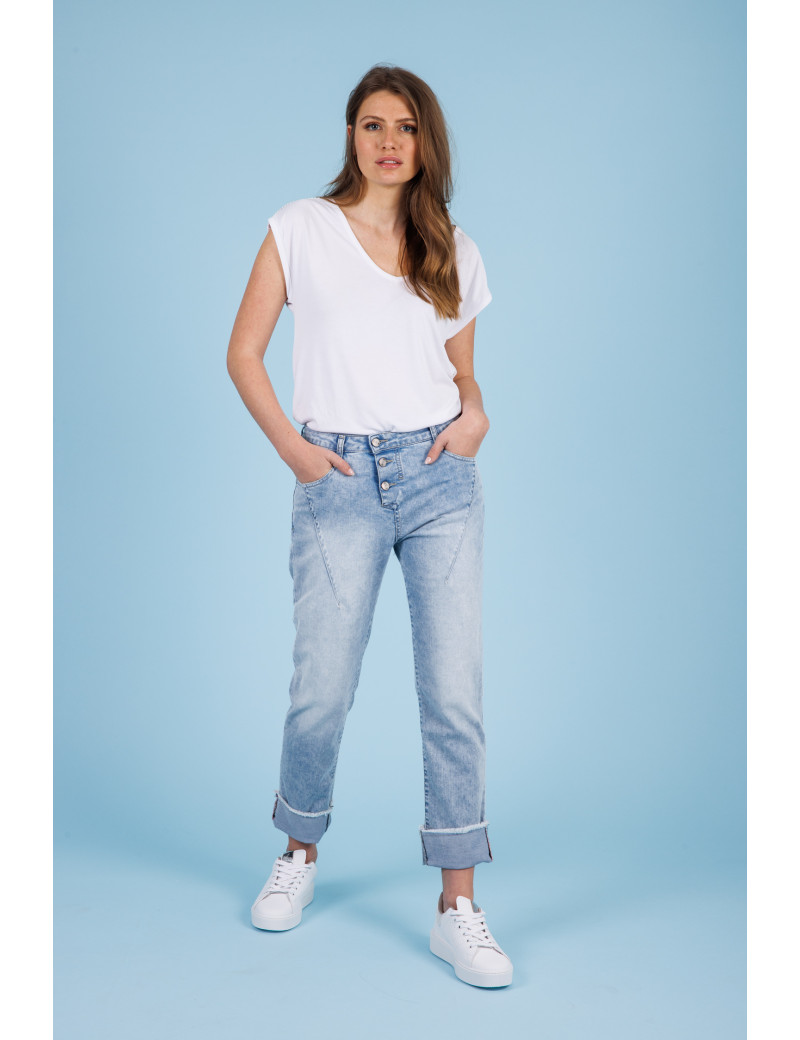 PLEASE JEAN TAILLE HAUTE REVERS APPARENTS BLEU DENIM