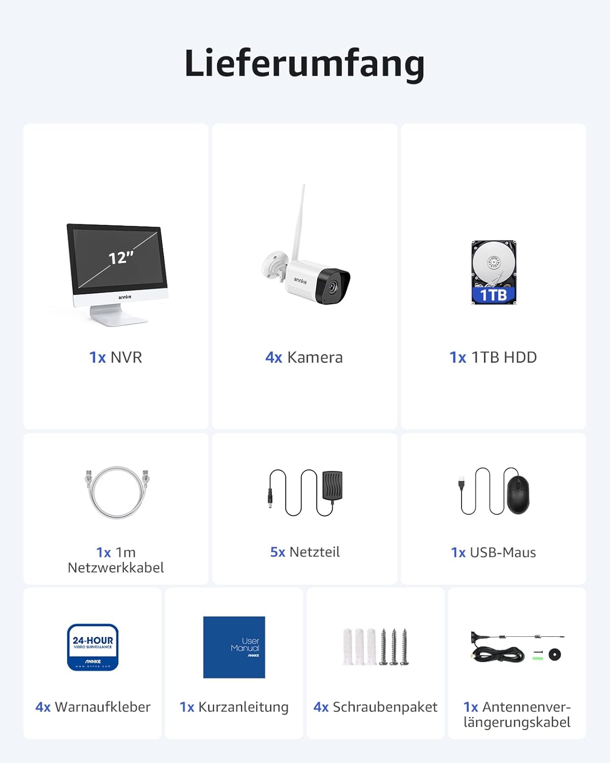 ANNKE 3MP Überwachungskamera Set Aussen WLAN mit 12''Monitor, 10CH 4K Wireless NVR mit 4 Pcs 3MP WiFi Kameras, 2-Wege-Audio, Personenerkennung, 24/7 Aufnahme, 30M Nachtsicht für Aussen, Innen, 1TB HDD