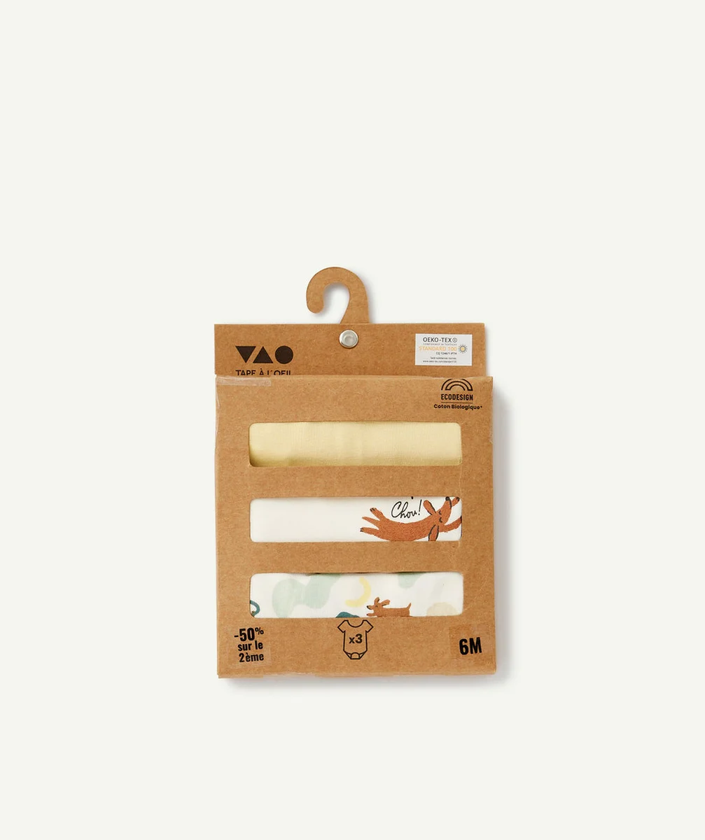 LOT DE 3 BODIES EN COTON BIOLOGIQUE UNI OU AVEC IMPRIMÉS