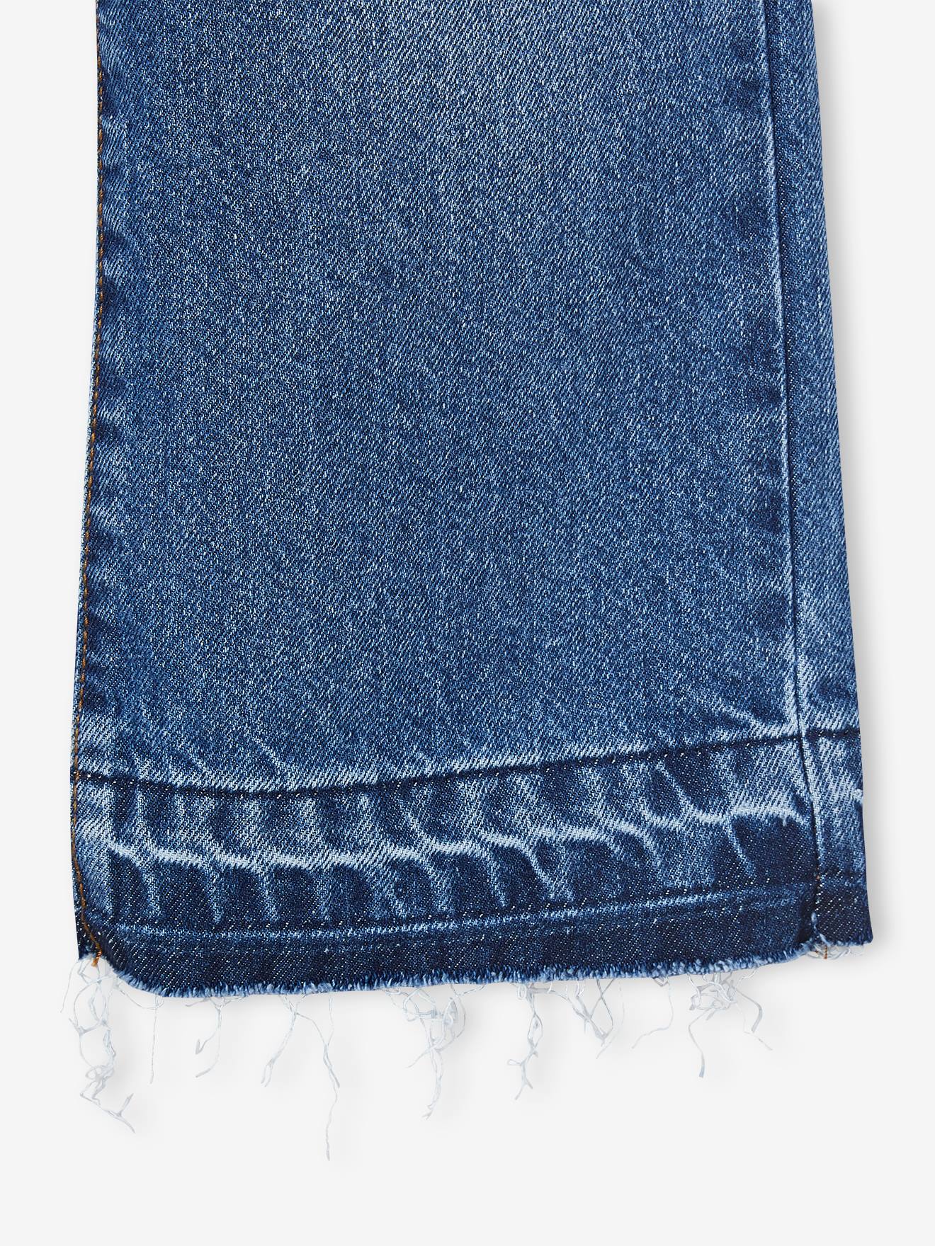 Calça jeans de perna larga com barra desfiada para meninas, jeans azul