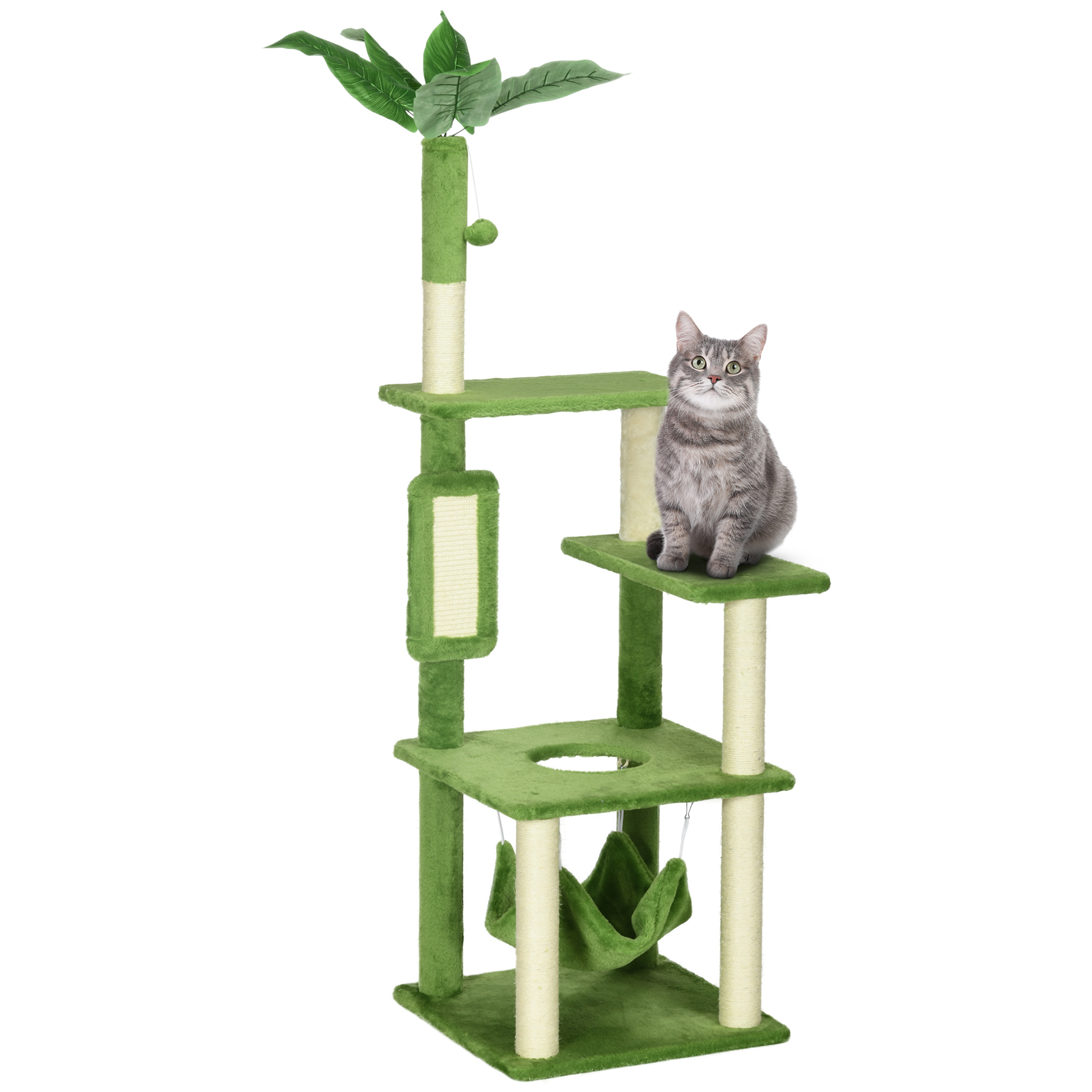 Arranhador grande para gatos PawHut de 142 cm, torre para gatos de interior com postes de sisal, plataformas, rede, folhas e bola de brinquedo, 49 x 49 x 142 cm, verde.
