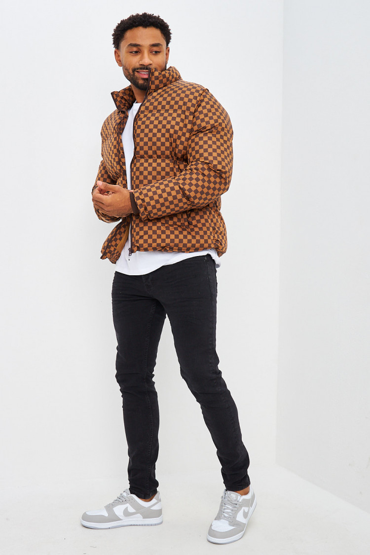 Doudoune matelassée marron à damier