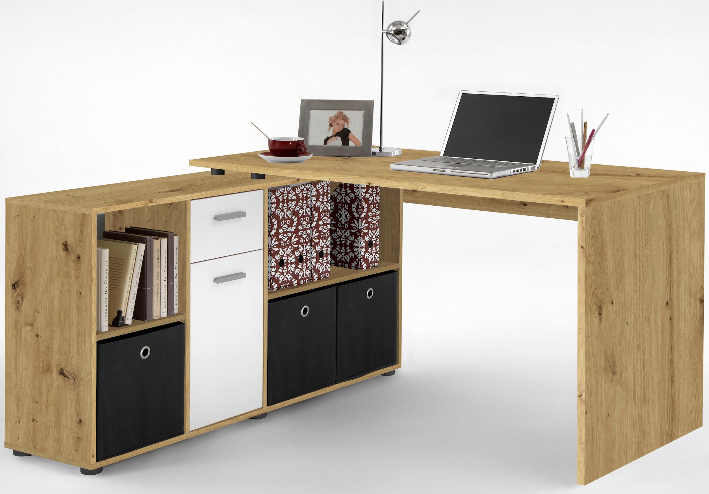 FMD Eckschreibtisch »Lexo« Schreibtisch/Sideboard viel Stauraum, beidseitig montierb., 136/205 cm