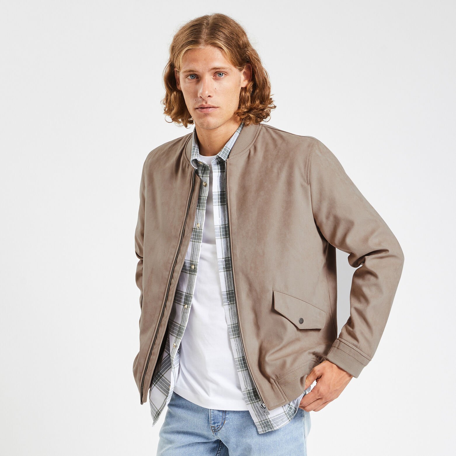 Blouson zippé aspect velours Beige
